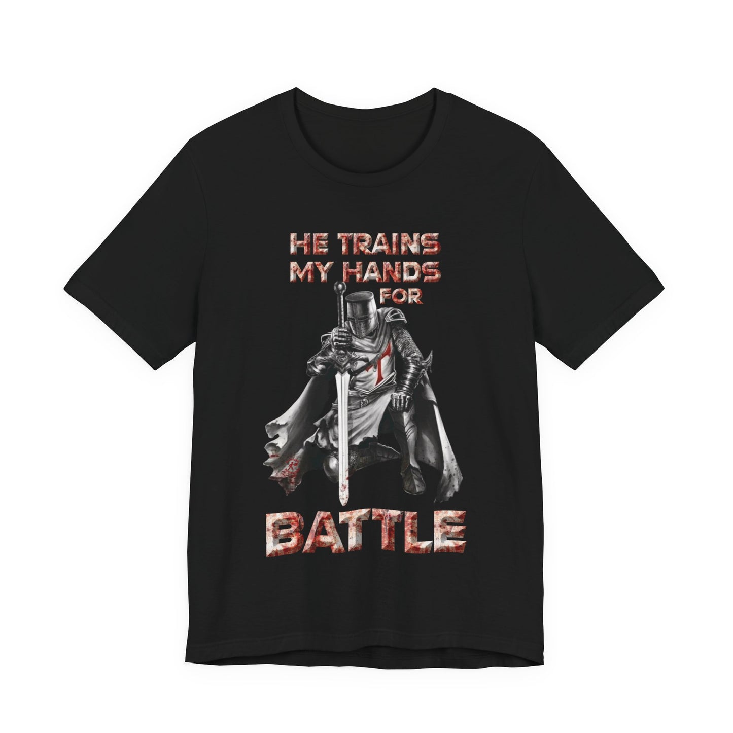 Psalm 18:34 Battle Verse T-Shirt – Unisex Jersey Short Sleeve Christian Tee, Warrior of God Knight Design