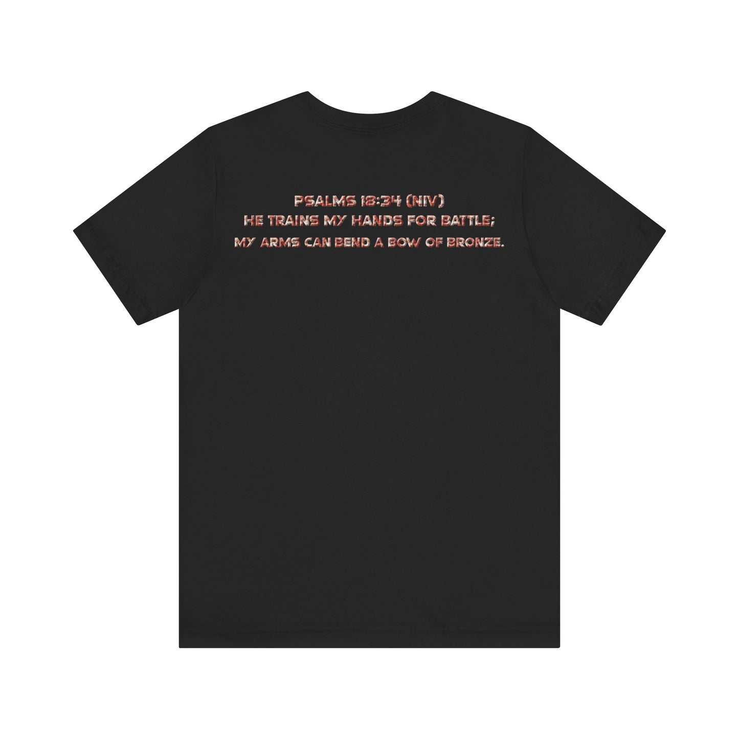 Psalm 18:34 Battle Verse T-Shirt – Unisex Jersey Short Sleeve Christian Tee, Warrior of God Knight Design