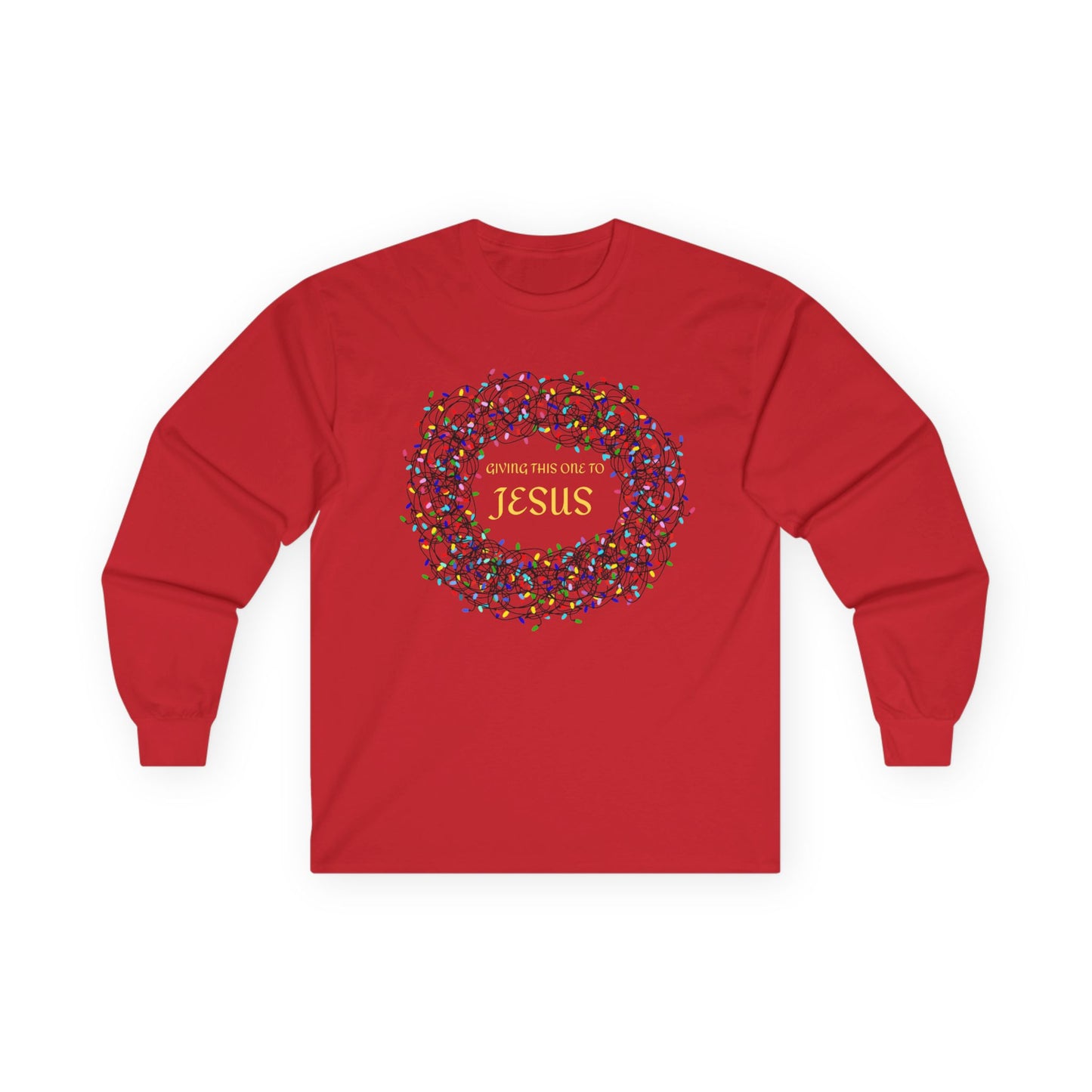 Giving This One To Jesus – Unisex Long Sleeve Christian T-Shirt, Faith-Inspired Christmas Lights Shirt