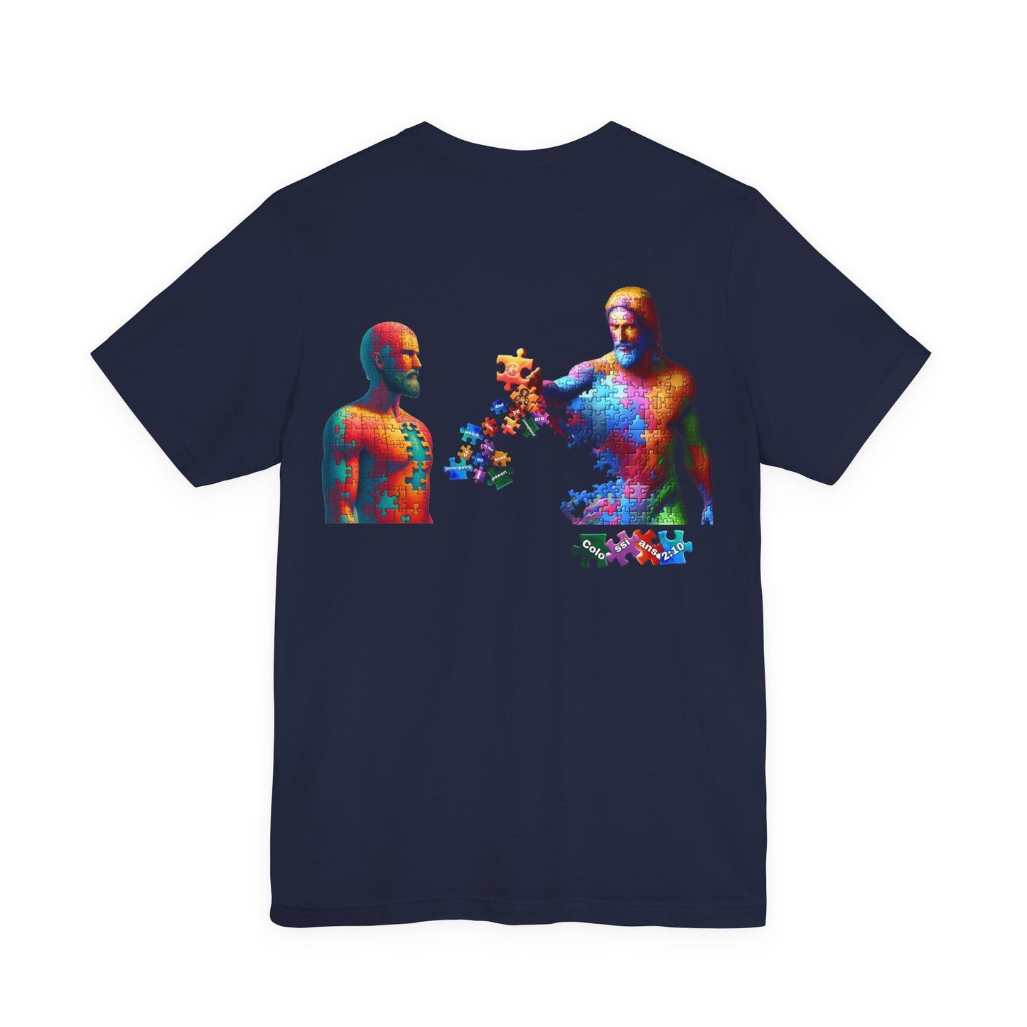Jesus Completes the Puzzle – Unisex Jersey Short Sleeve Christian T-Shirt with Colossians 2:10
