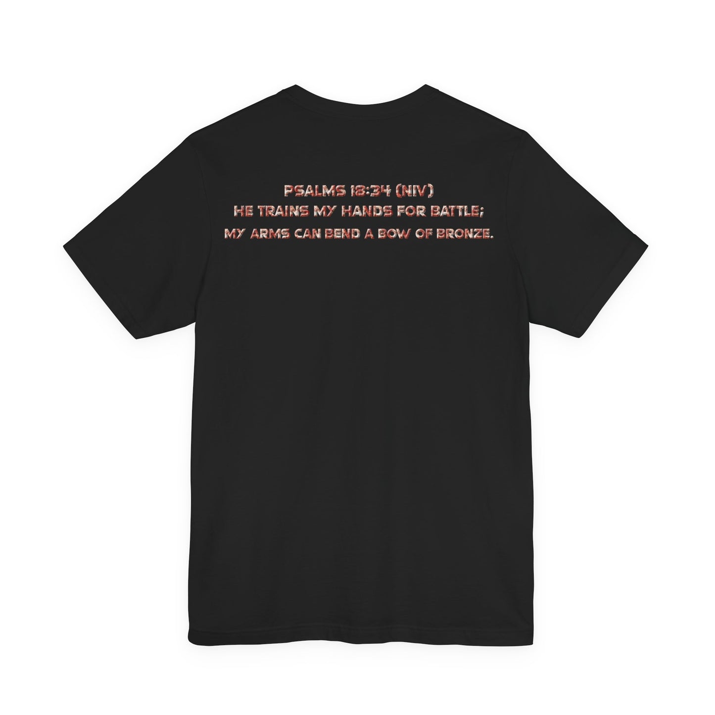 Psalm 18:34 Battle Verse T-Shirt – Unisex Jersey Short Sleeve Christian Tee, Warrior of God Knight Design