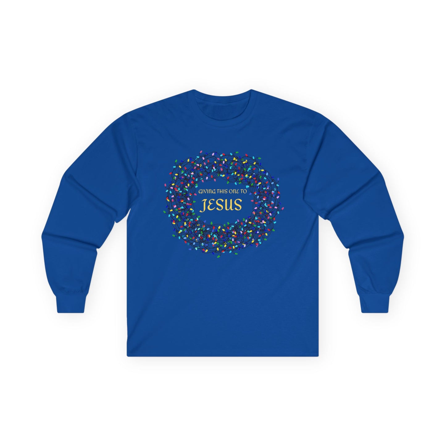 Giving This One To Jesus – Unisex Long Sleeve Christian T-Shirt, Faith-Inspired Christmas Lights Shirt