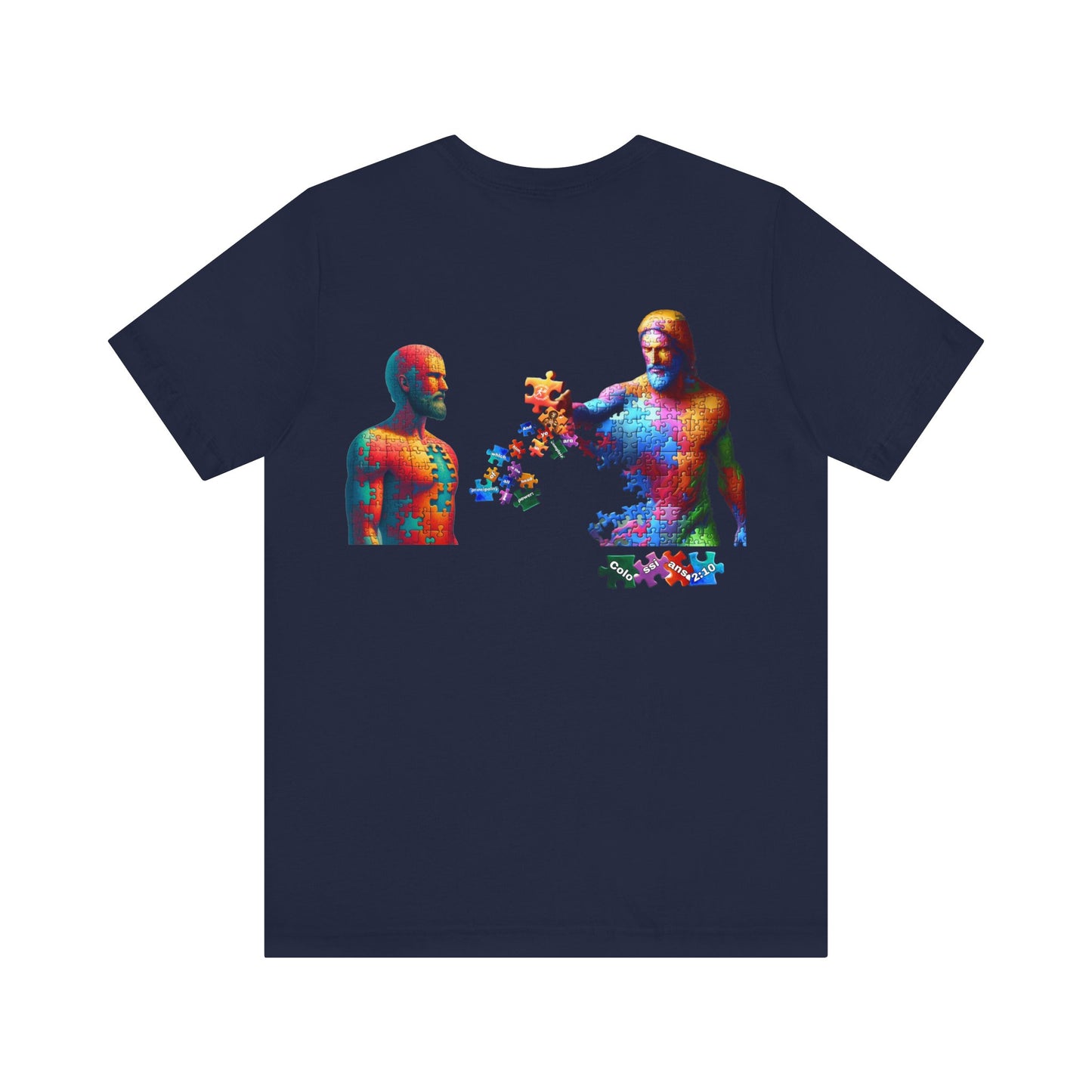 Jesus Completes the Puzzle – Unisex Jersey Short Sleeve Christian T-Shirt with Colossians 2:10