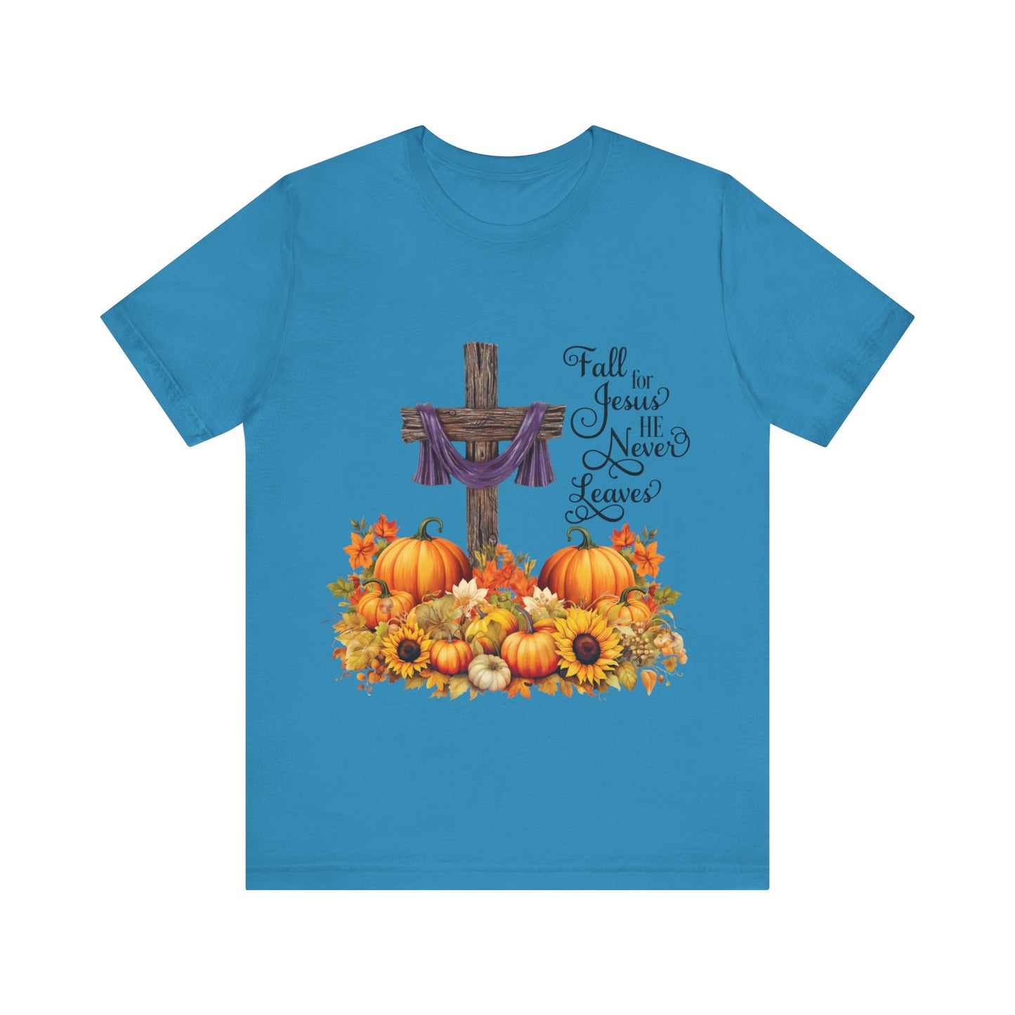 Fall for Jesus — He Never Leaves | Unisex Jersey Christian Autumn T-Shirt