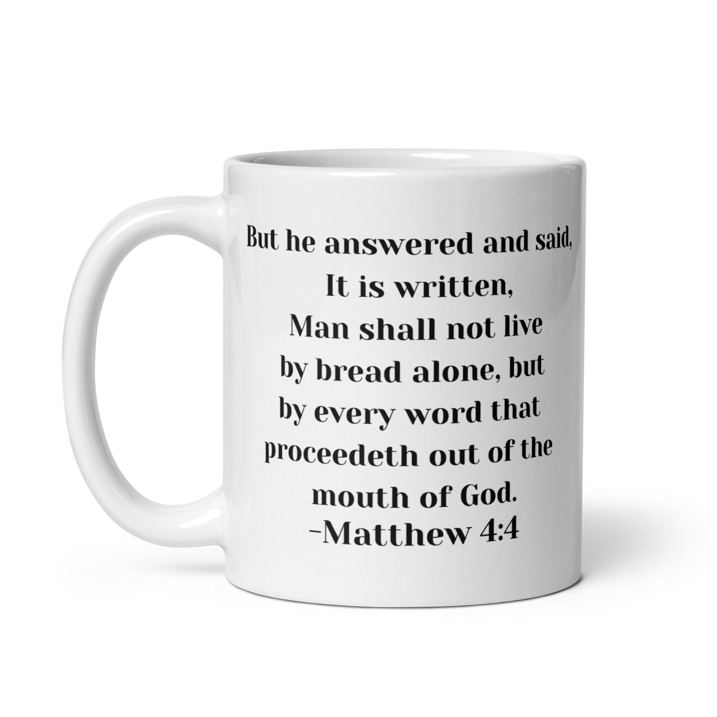 Side 2: Full Matthew 4:4 Scripture text on mug.