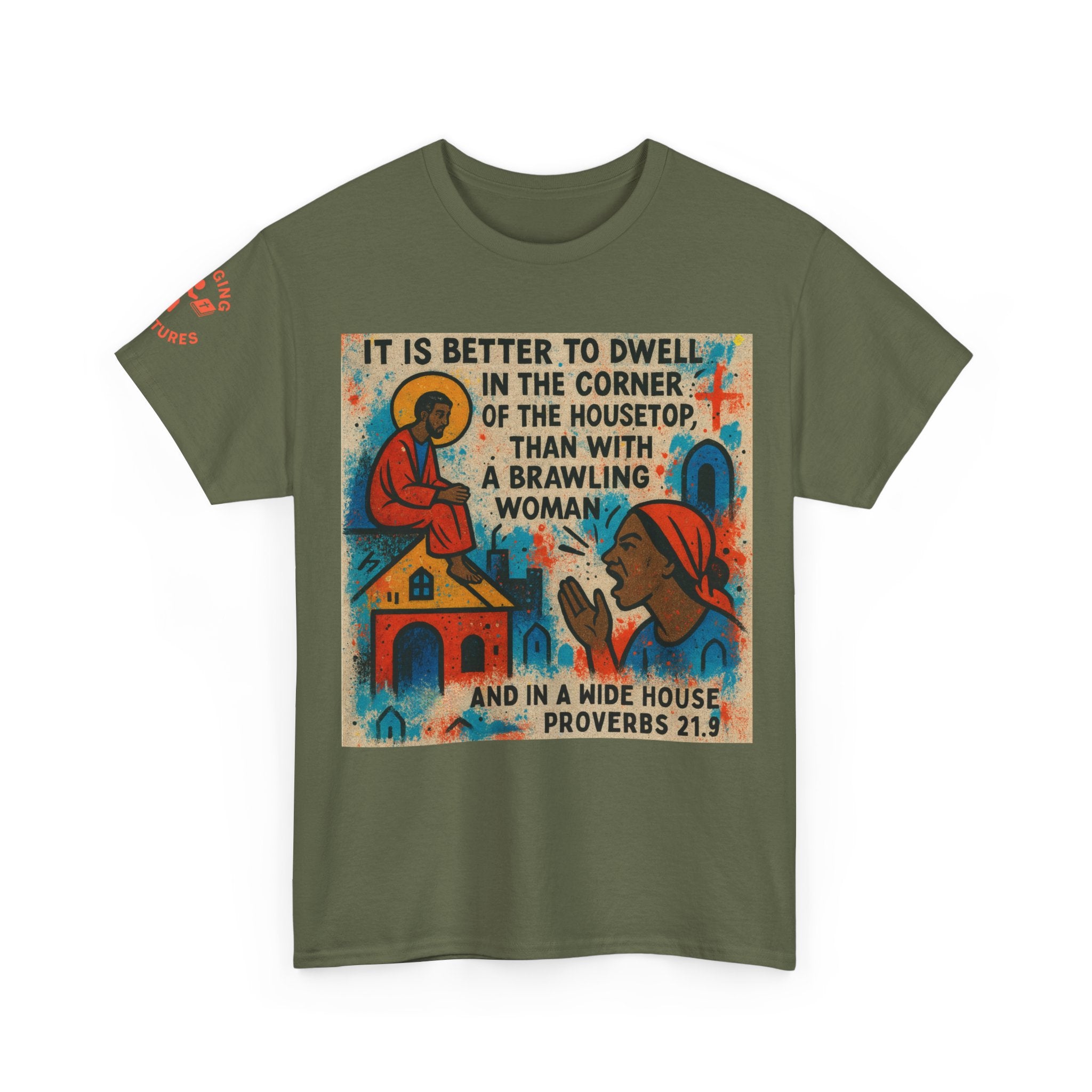 Corner of the Housetop — Proverbs 21:9 Pop-Art Tee | Unisex Heavy Cotton Christian T-Shirt