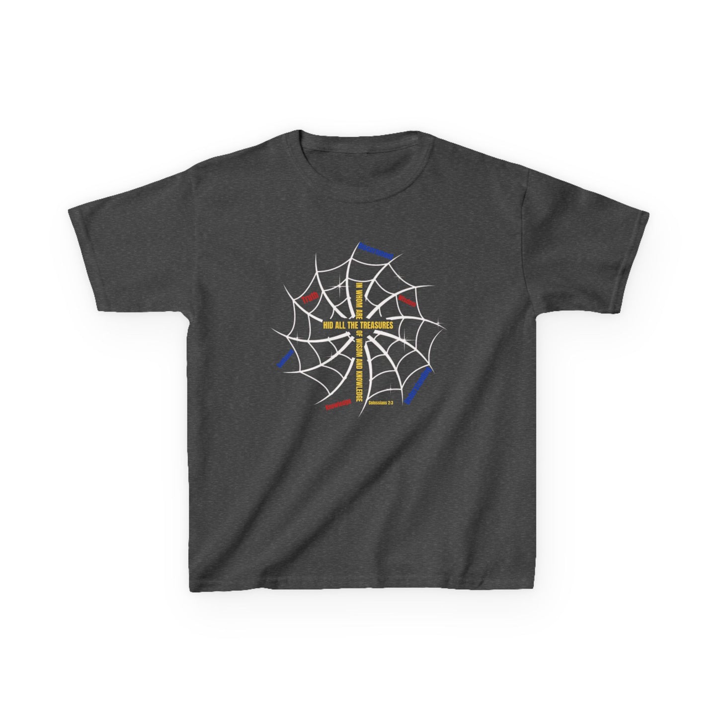 front: Kids Christian tee featuring gold cross and red-blue-yellow web pattern — Web of Wisdom Colossians 2:3 design from Slinging Scriptures