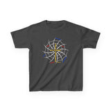 front: Kids Christian tee featuring gold cross and red-blue-yellow web pattern — Web of Wisdom Colossians 2:3 design from Slinging Scriptures