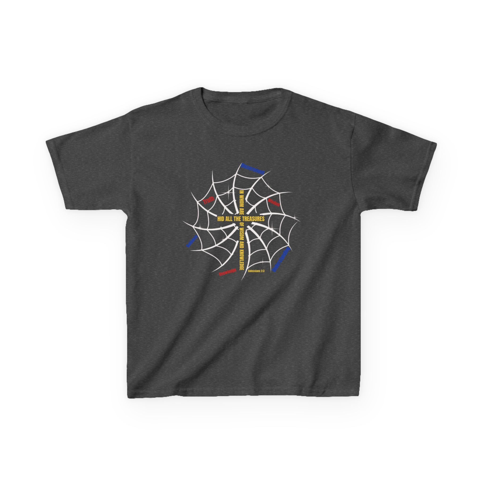 front: Kids Christian tee featuring gold cross and red-blue-yellow web pattern — Web of Wisdom Colossians 2:3 design from Slinging Scriptures
