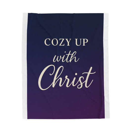 Christian velveteen plush blanket with navy-to-purple gradient and elegant cream script that says “Cozy up with Christ