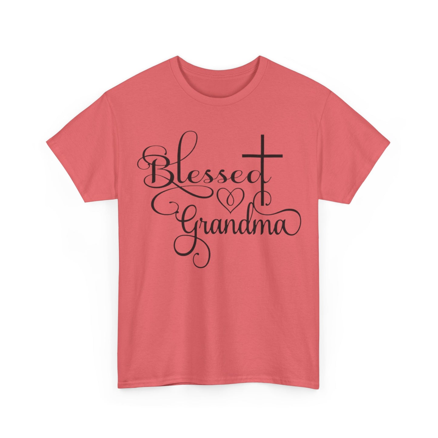front Coral Blessed Grandma Christian t-shirt with elegant script lettering, heart detail, and cross design on Gildan 5000 classic fit tee