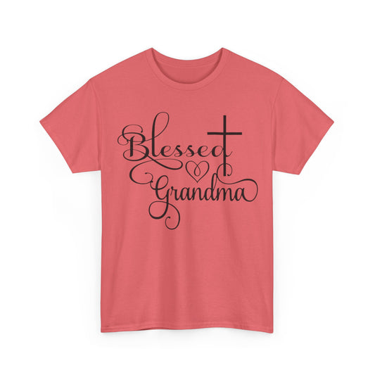 front Coral Blessed Grandma Christian t-shirt with elegant script lettering, heart detail, and cross design on Gildan 5000 classic fit tee