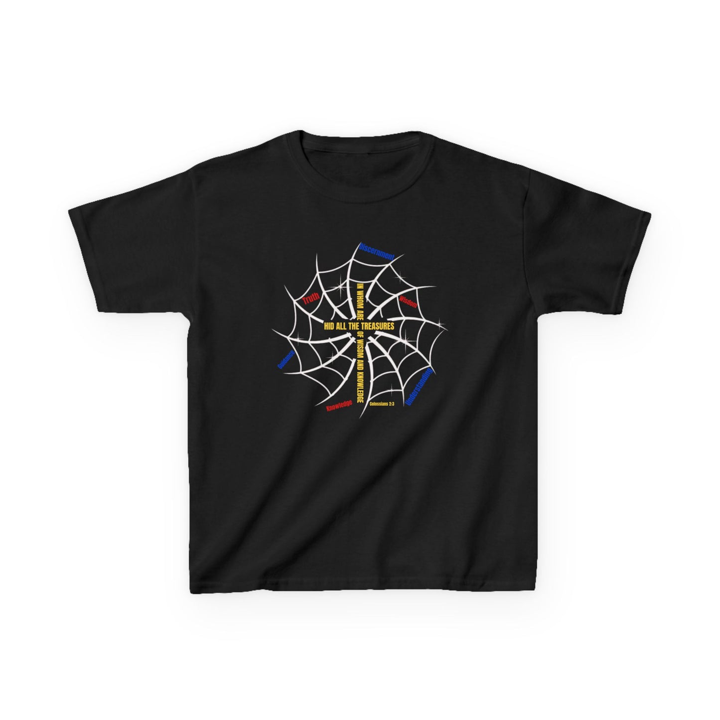 front: Web of Wisdom kids Christian superhero t-shirt with gold cross and colorful web design inspired by Colossians 2:3 — Mini + Me Faith Collection by Slinging Scriptures