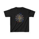 front: Web of Wisdom kids Christian superhero t-shirt with gold cross and colorful web design inspired by Colossians 2:3 — Mini + Me Faith Collection by Slinging Scriptures