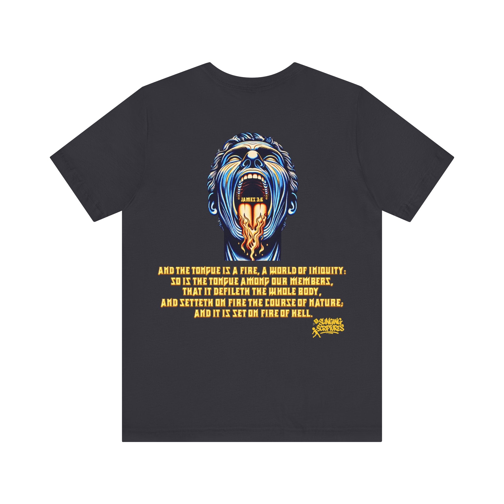 The Tongue Is a Fire — James 3:6 | Unisex Jersey Short Sleeve Christian T-Shirt
