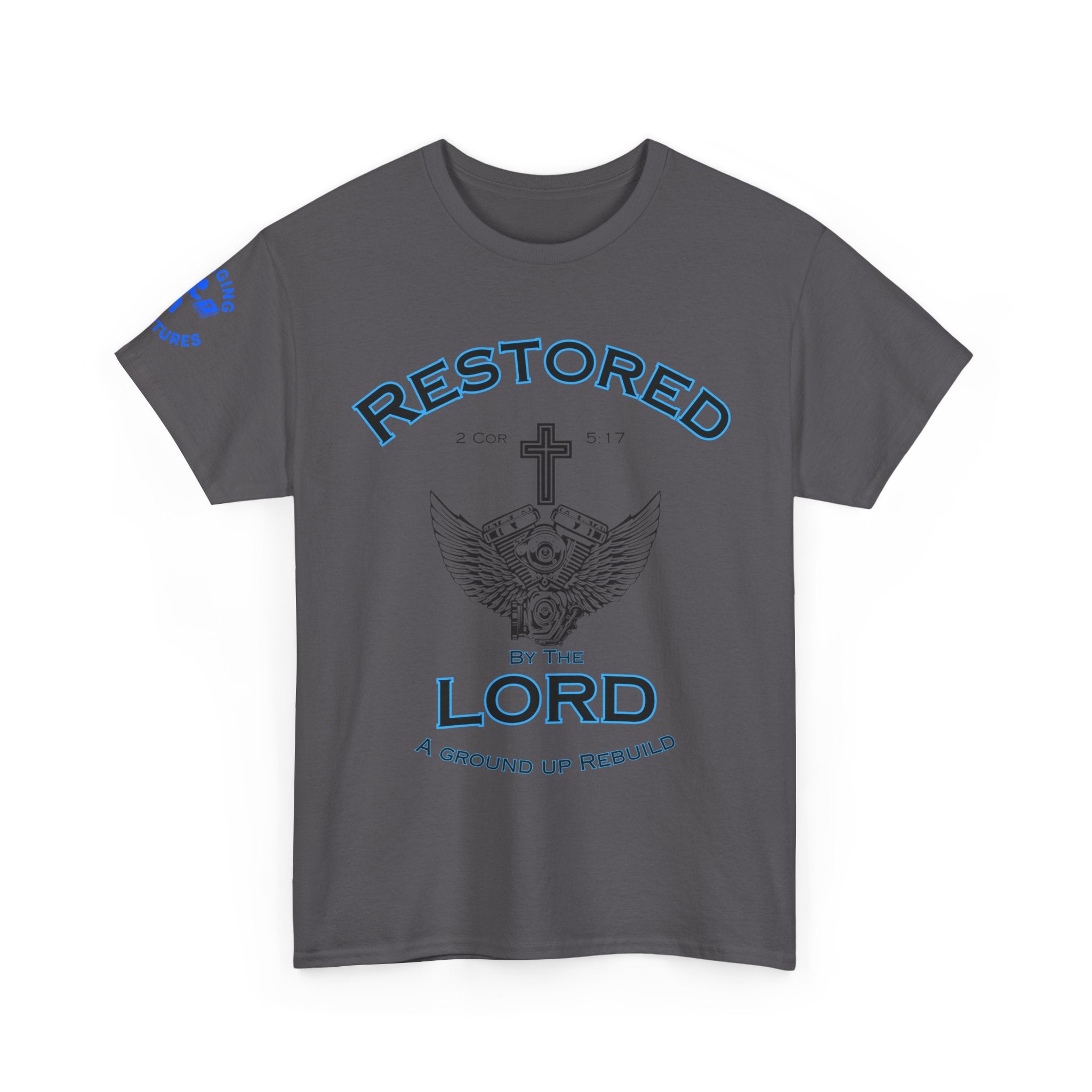 Restored by the Lord Tee | 2 Corinthians 5:17 Scripture Shirt | Christian Rebuild T-Shirt | Unisex Heavy Cotton Tee