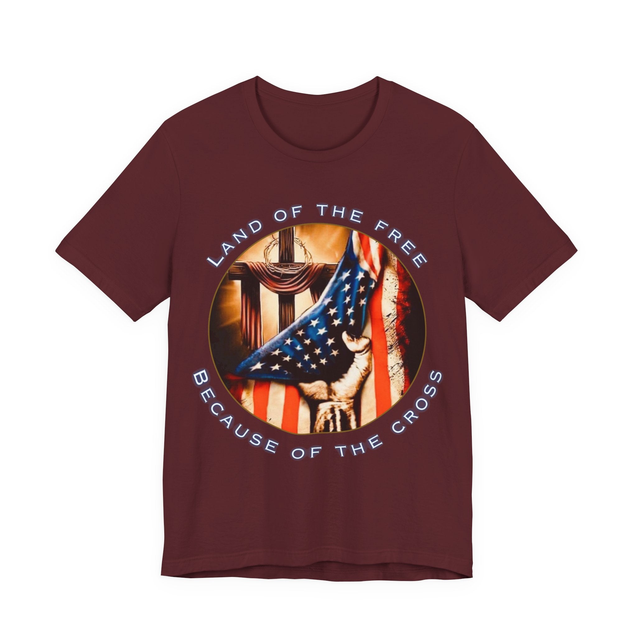 Land of the Free Because of the Cross | Unisex Christian Patriotic Jersey T-Shirt