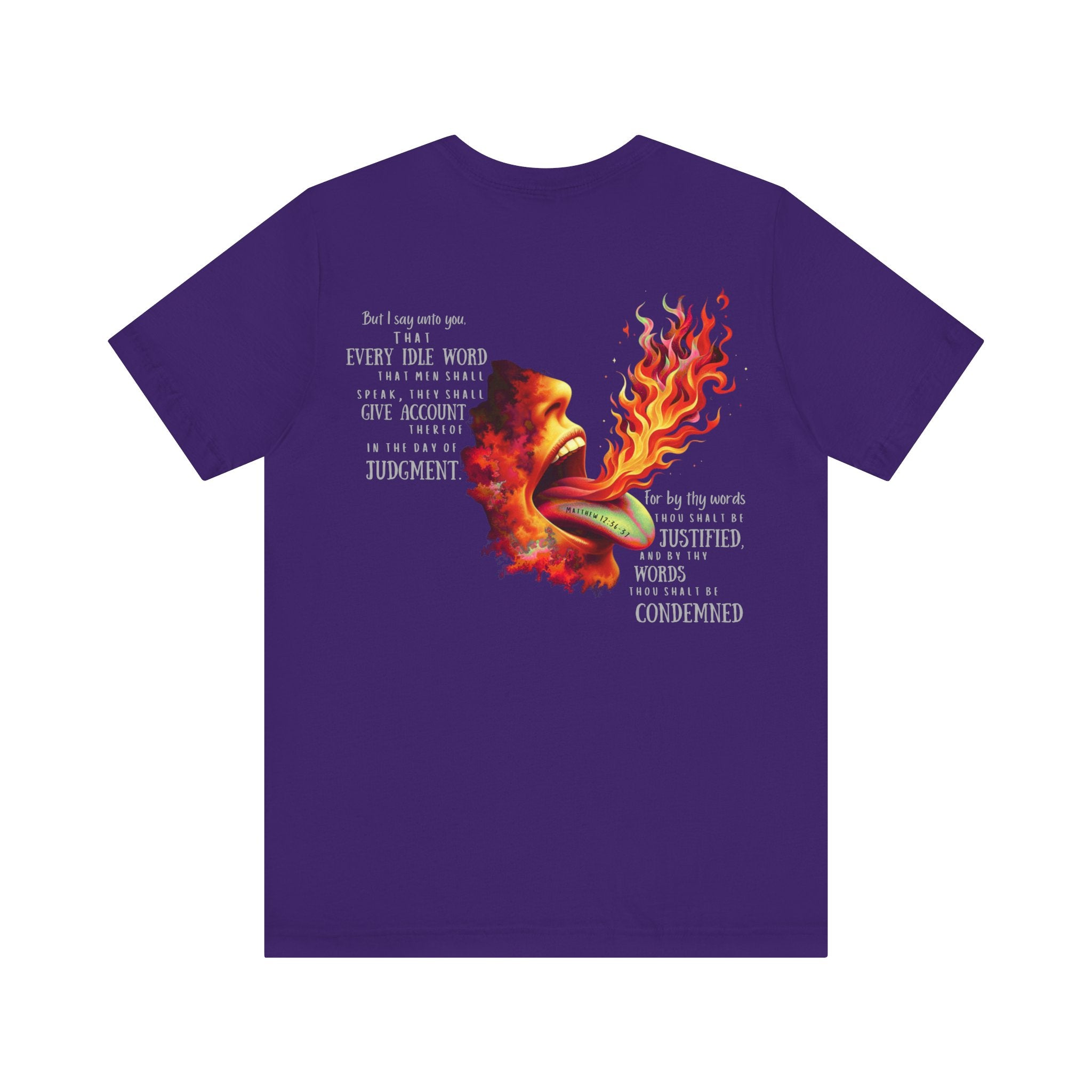 The Tongue Is a Fire — Matthew 12:36-37 Tee | Unisex Jersey Short Sleeve Christian T-Shirt