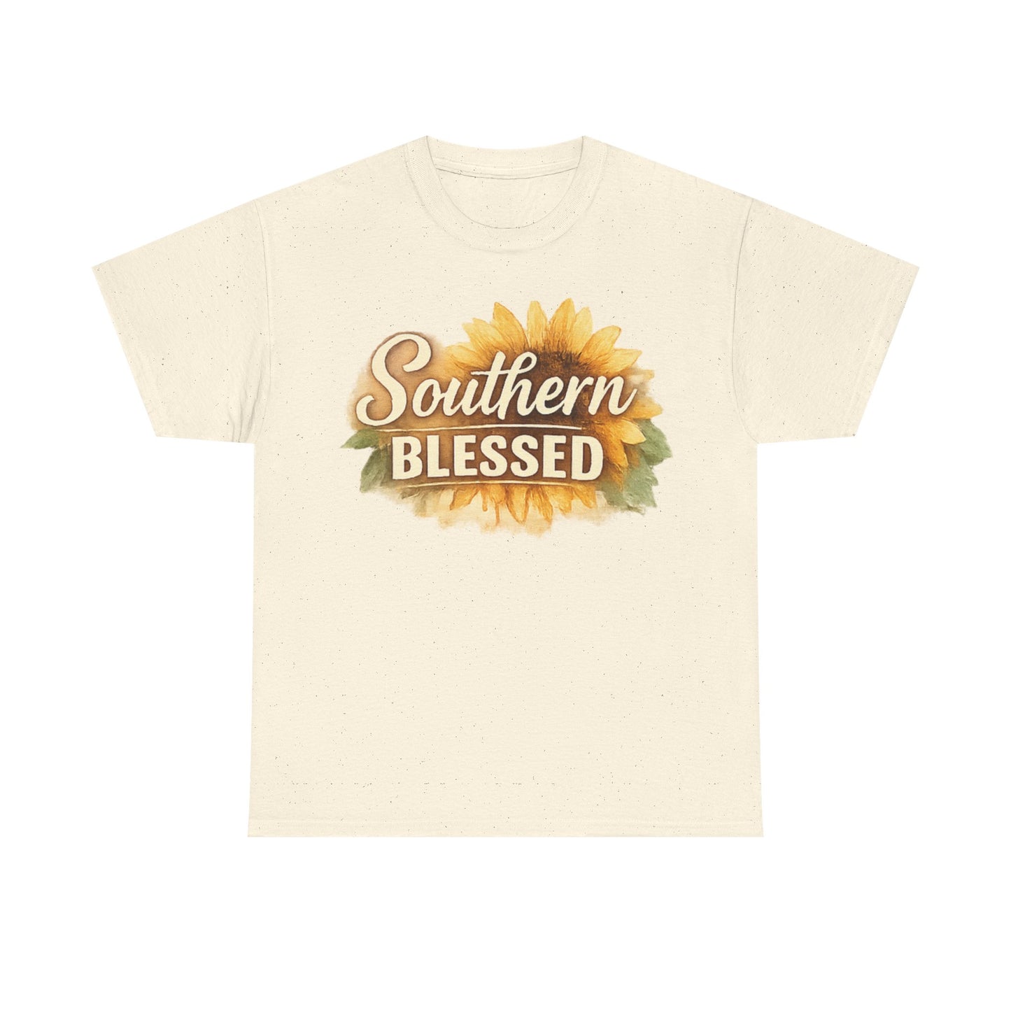 Front: Cream Southern Blessed Christian t-shirt with rustic hand-lettered text over a watercolor sunflower design
