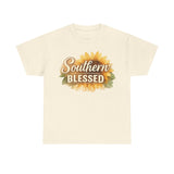 Front: Cream Southern Blessed Christian t-shirt with rustic hand-lettered text over a watercolor sunflower design