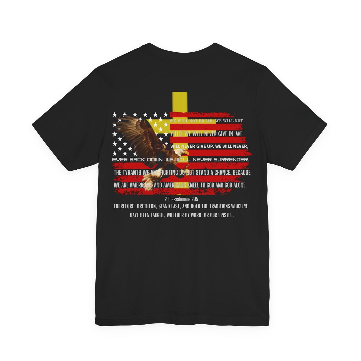 Stand Fast — 2 Thessalonians 2:15 Patriotic Flag Tee | Unisex Jersey Short Sleeve Christian T-Shirt