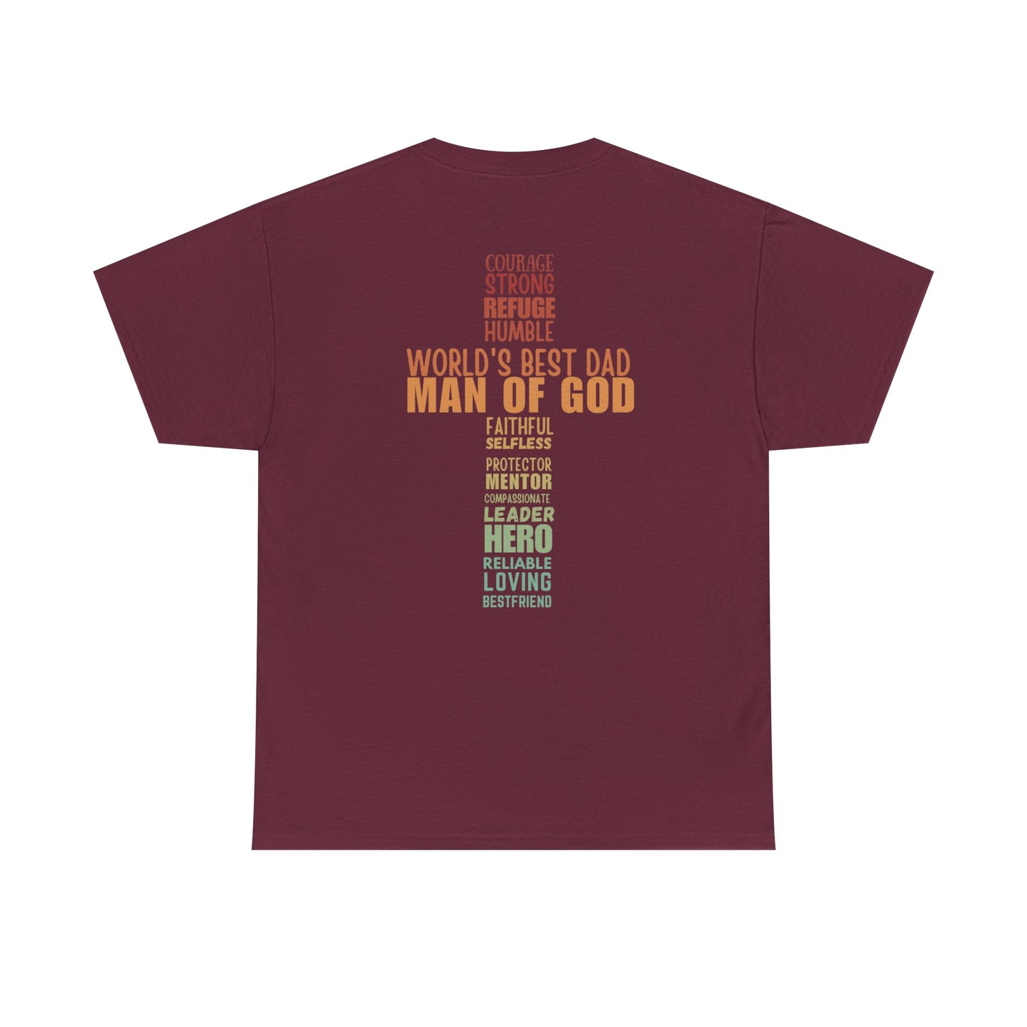 Man of God Cross Word Art Tee — Christian Father’s Day & Faith T-Shirt | Unisex Heavy Cotton