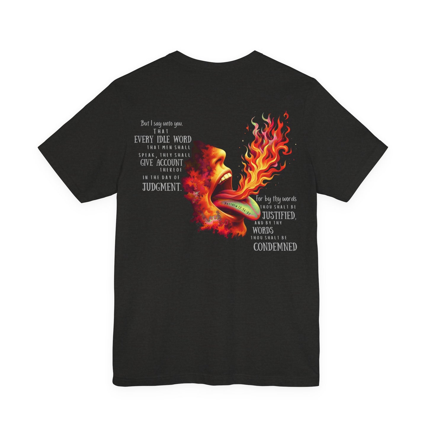 The Tongue Is a Fire — Matthew 12:36-37 Tee | Unisex Jersey Short Sleeve Christian T-Shirt