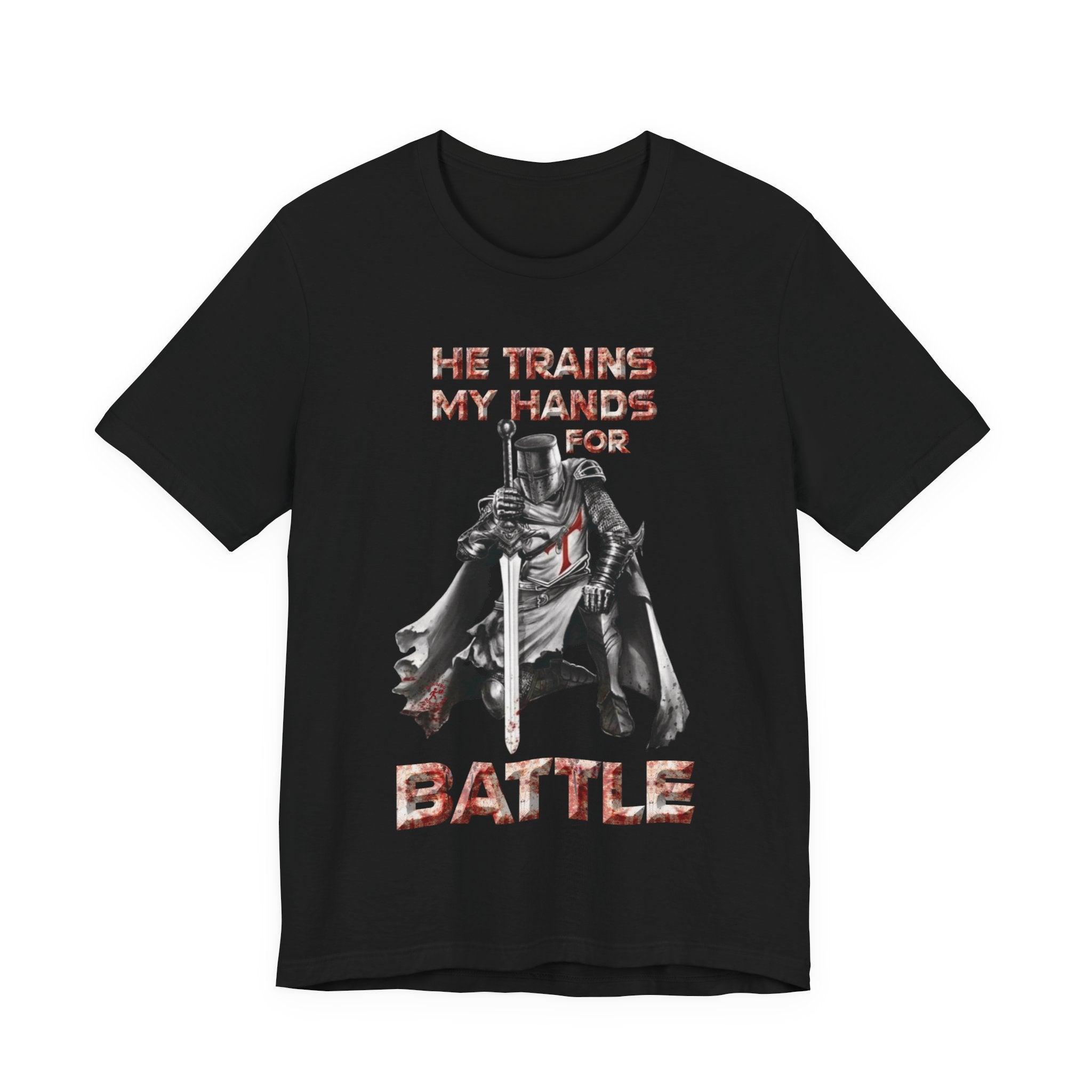 Psalm 18:34 Battle Verse T-Shirt – Unisex Jersey Short Sleeve Christian Tee, Warrior of God Knight Design