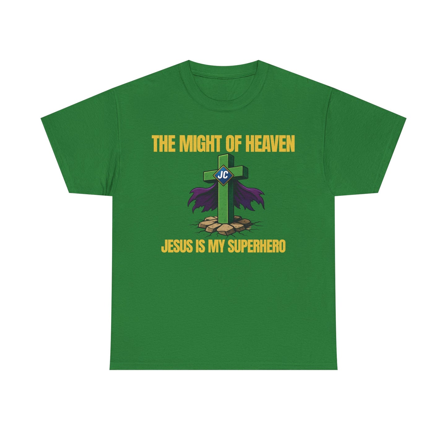 Front view — green unisex Christian superhero shirt with cross emblem and purple cape, text reads “The Might of Heaven / Jesus Is My Superhero.”