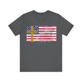 United in Purpose — Romans 8:28 Flag & Cross | Unisex Jersey Short Sleeve Christian T-Shirt