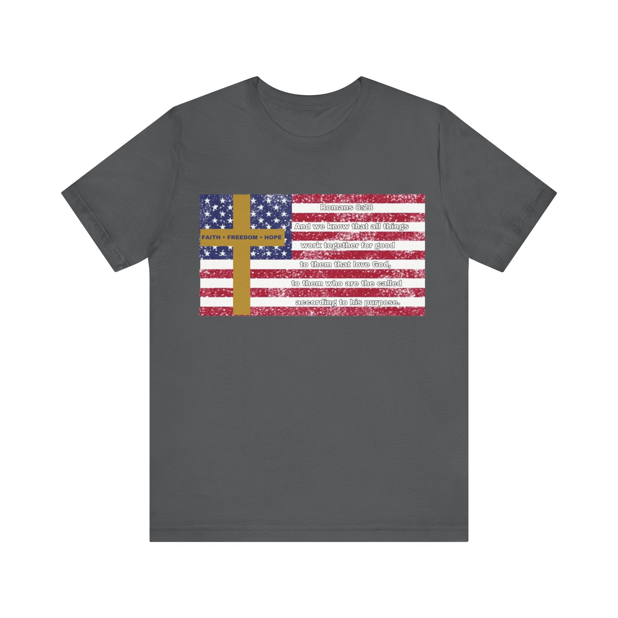 United in Purpose — Romans 8:28 Flag & Cross | Unisex Jersey Short Sleeve Christian T-Shirt