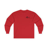Front: Front view — red long sleeve shirt with small Ichthys + dove symbol on left chest