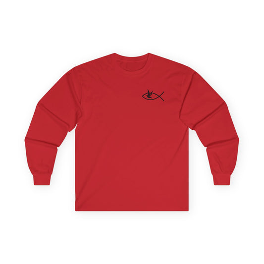 Front: Front view — red long sleeve shirt with small Ichthys + dove symbol on left chest