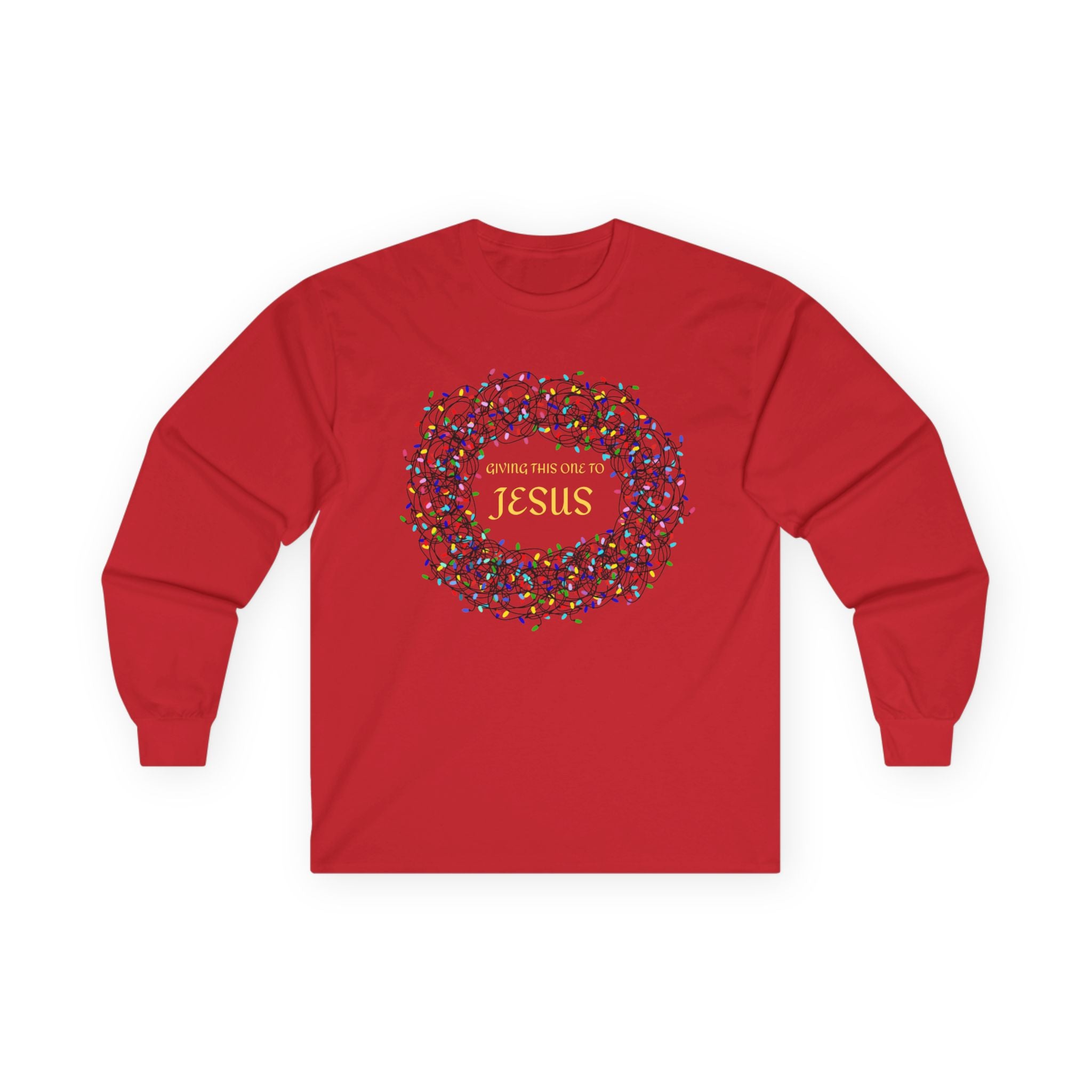 Giving This One To Jesus – Unisex Long Sleeve Christian T-Shirt, Faith-Inspired Christmas Lights Shirt