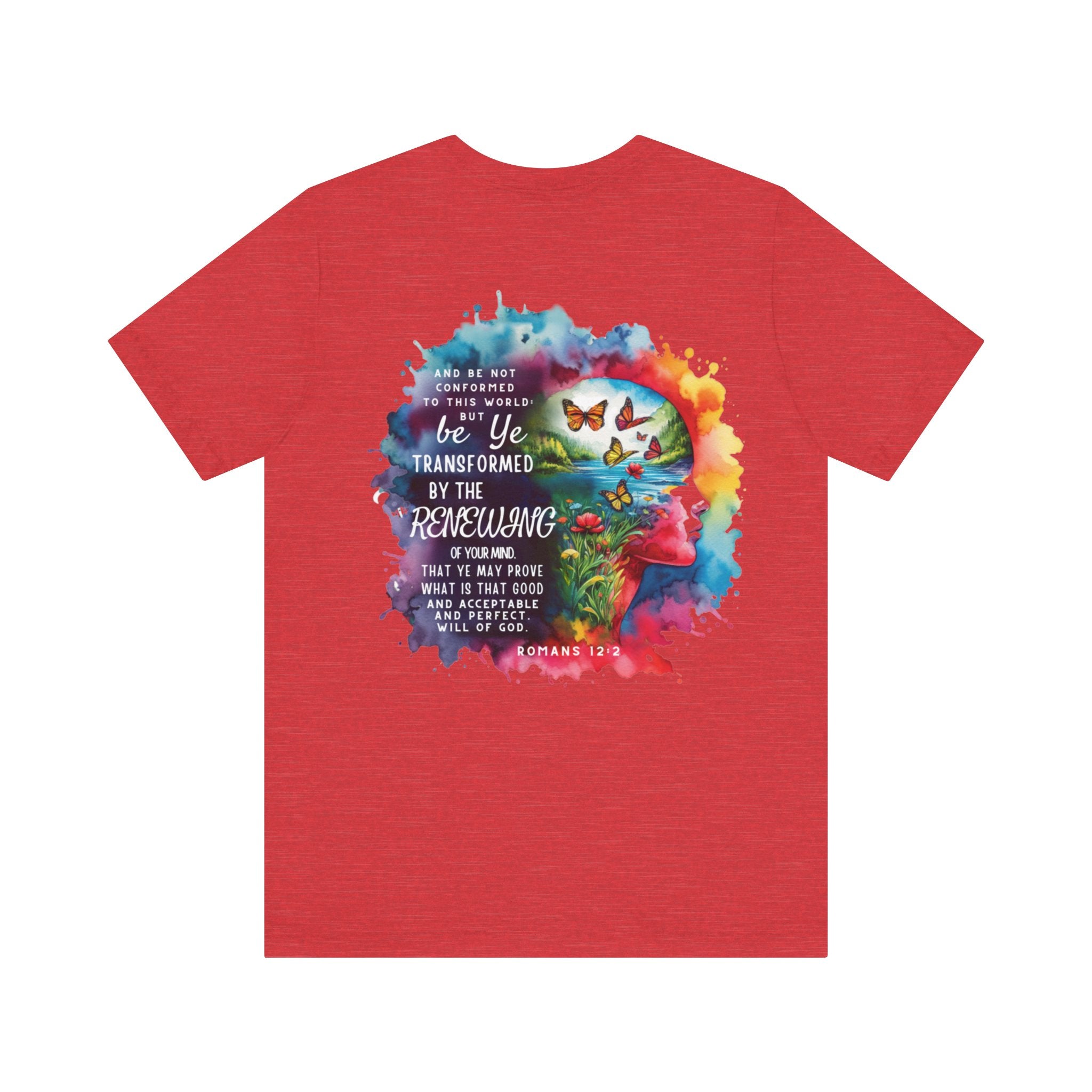 Be Transformed Tee – Inspirational Christian Watercolor Unisex Jersey Shirt (Romans 12:2)
