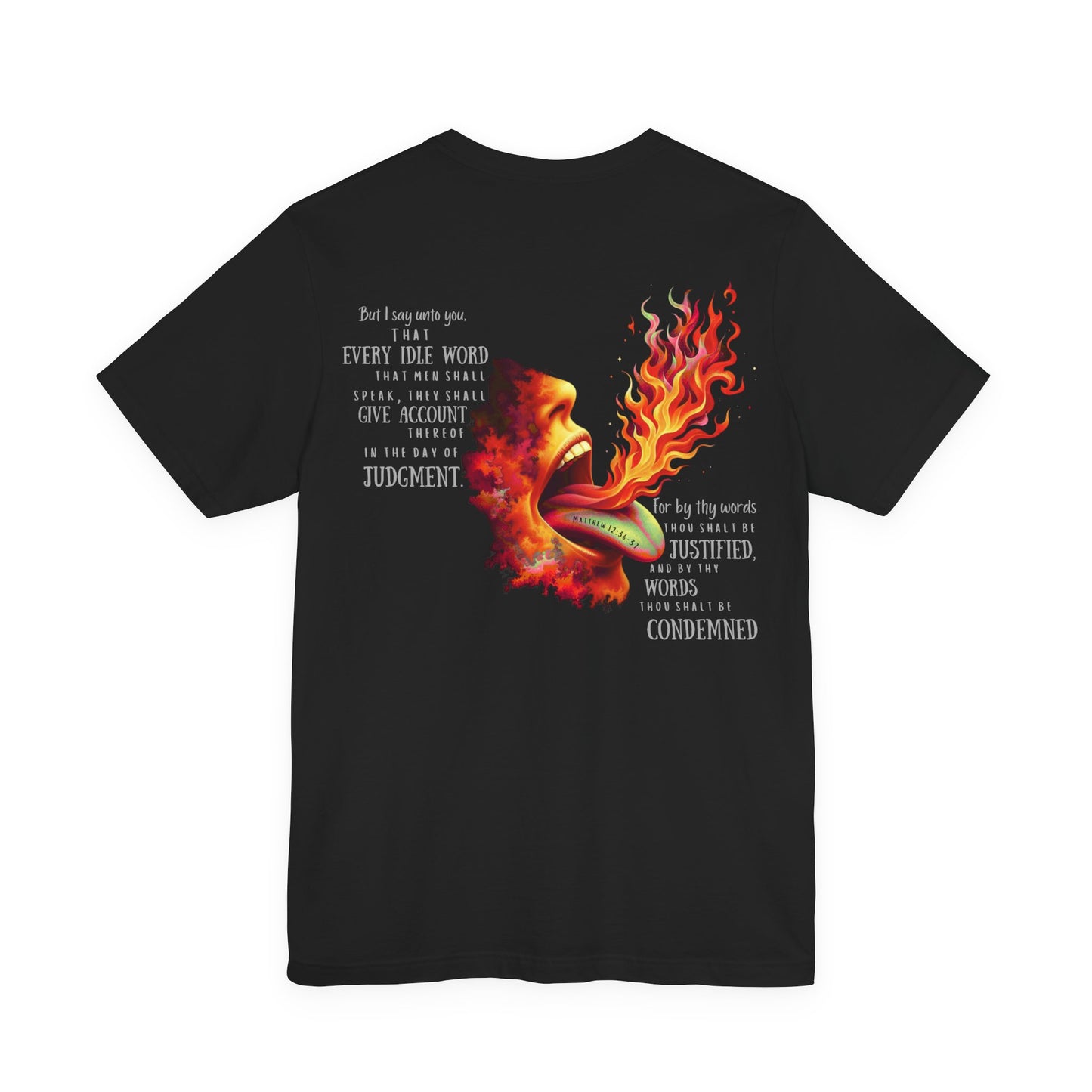 The Tongue Is a Fire — Matthew 12:36-37 Tee | Unisex Jersey Short Sleeve Christian T-Shirt