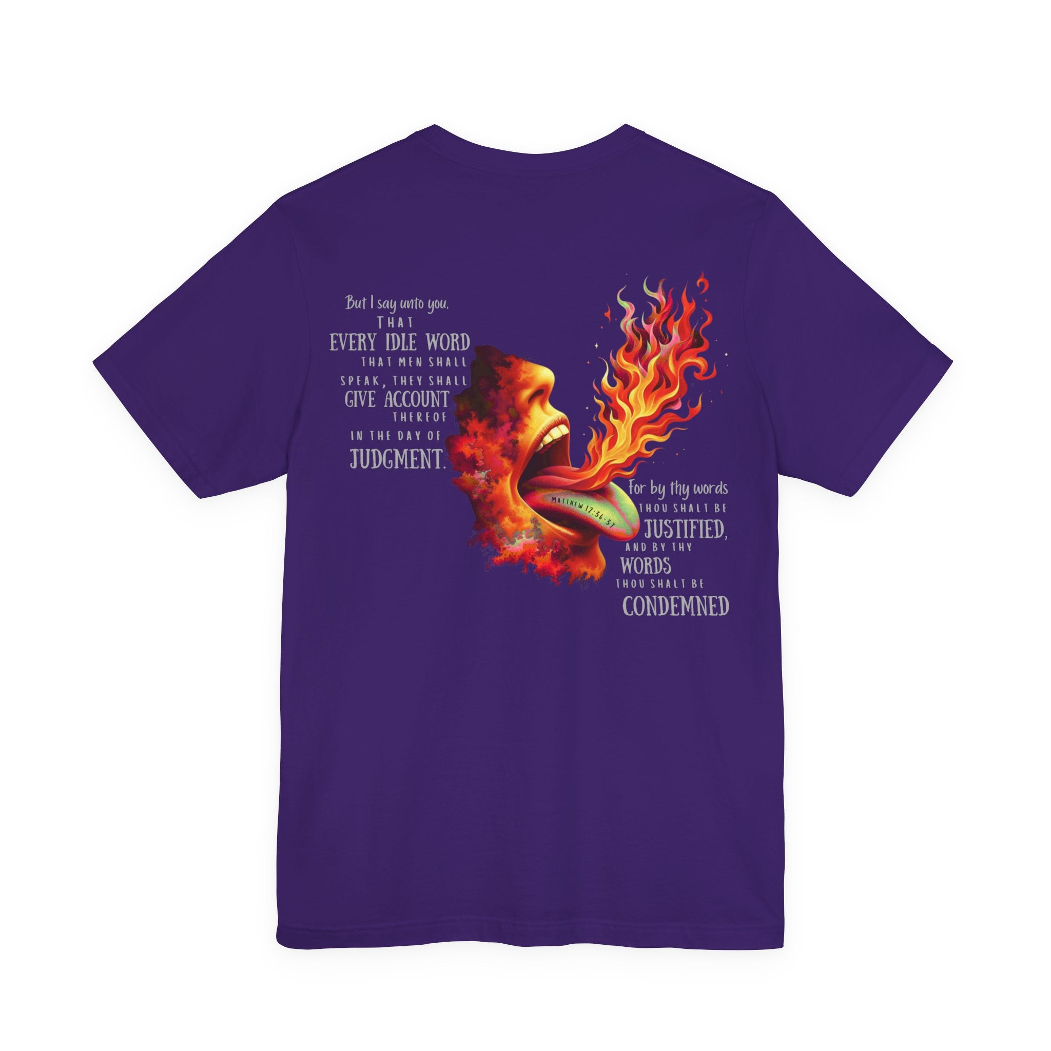 The Tongue Is a Fire — Matthew 12:36-37 Tee | Unisex Jersey Short Sleeve Christian T-Shirt