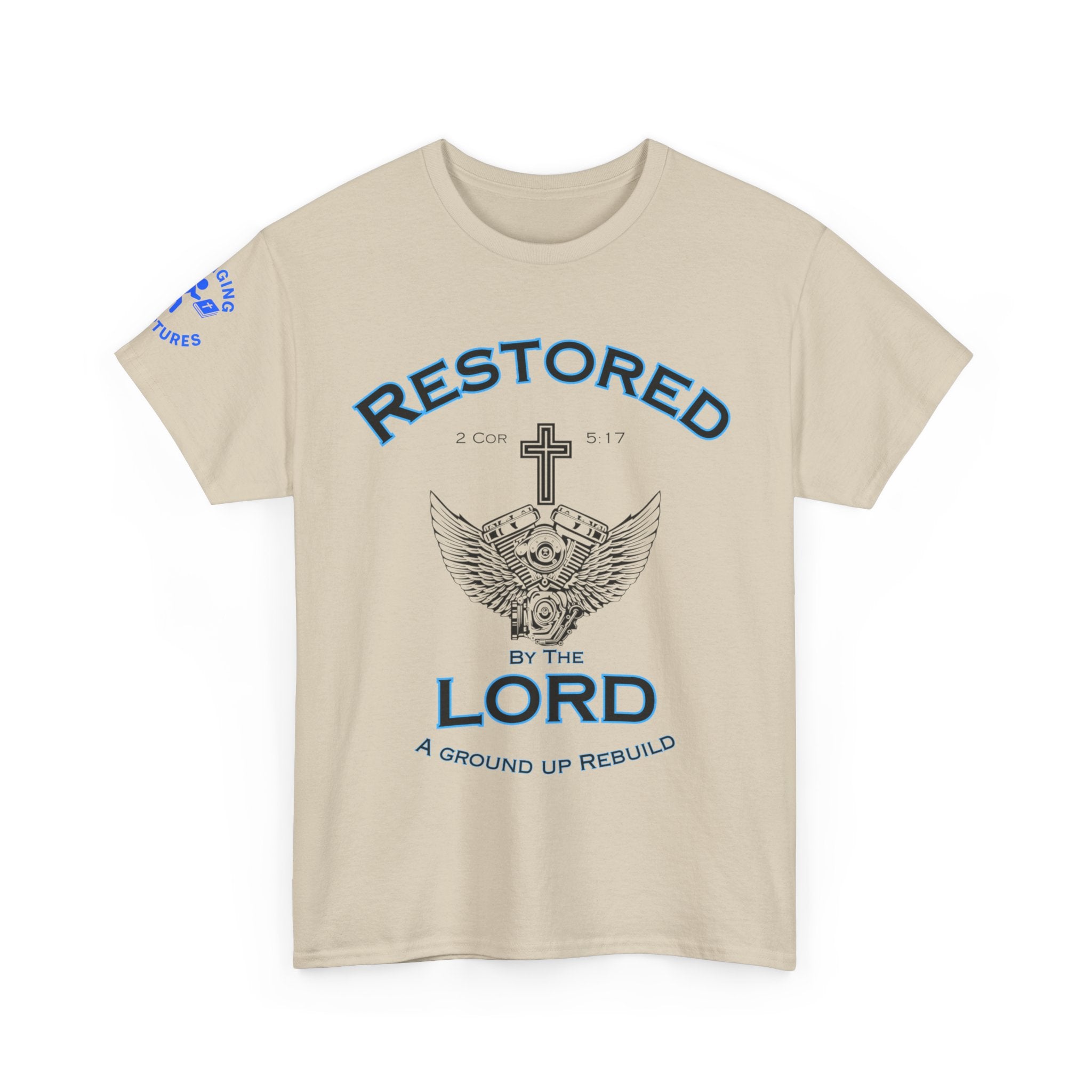 Restored by the Lord Tee | 2 Corinthians 5:17 Scripture Shirt | Christian Rebuild T-Shirt | Unisex Heavy Cotton Tee
