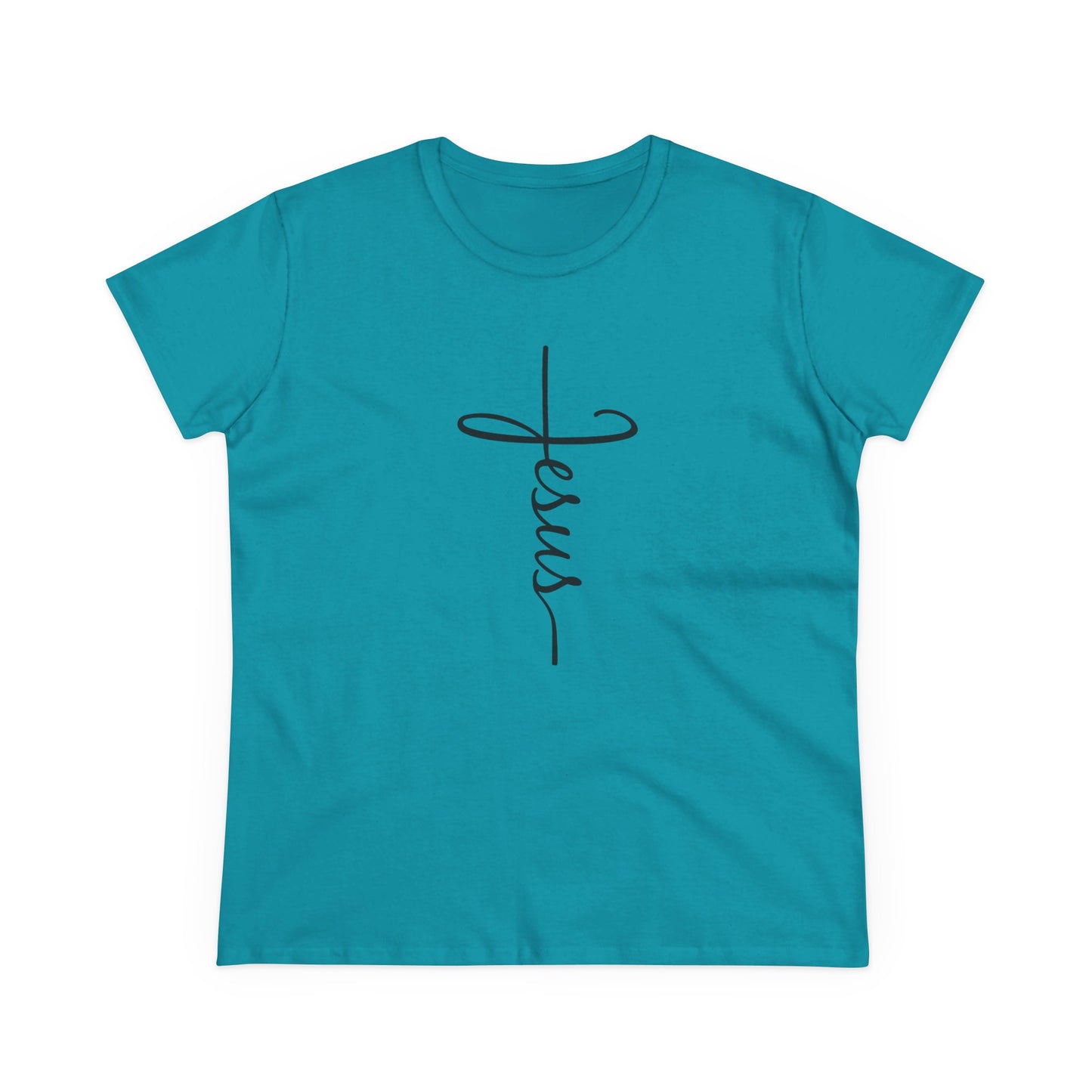 Front vertical Jesus script cross shirt Christian minimalist design