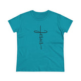 Front vertical Jesus script cross shirt Christian minimalist design