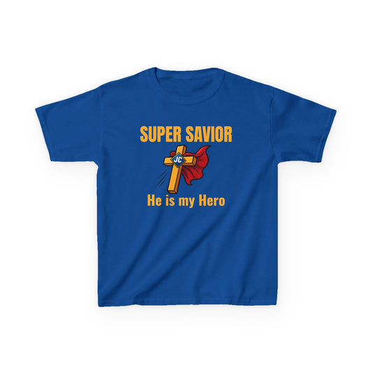 Front view of kids “SUPER SAVIOR / Jesus Is My Superhero” t-shirt — orange bold text, cape-and-shield emblem with cross, centered graphic on white kids tee.
