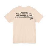 back Full Proverbs 27:22 verse printed on the back of a unisex Christian t-shirt with Slinging Scriptures logo beneath.