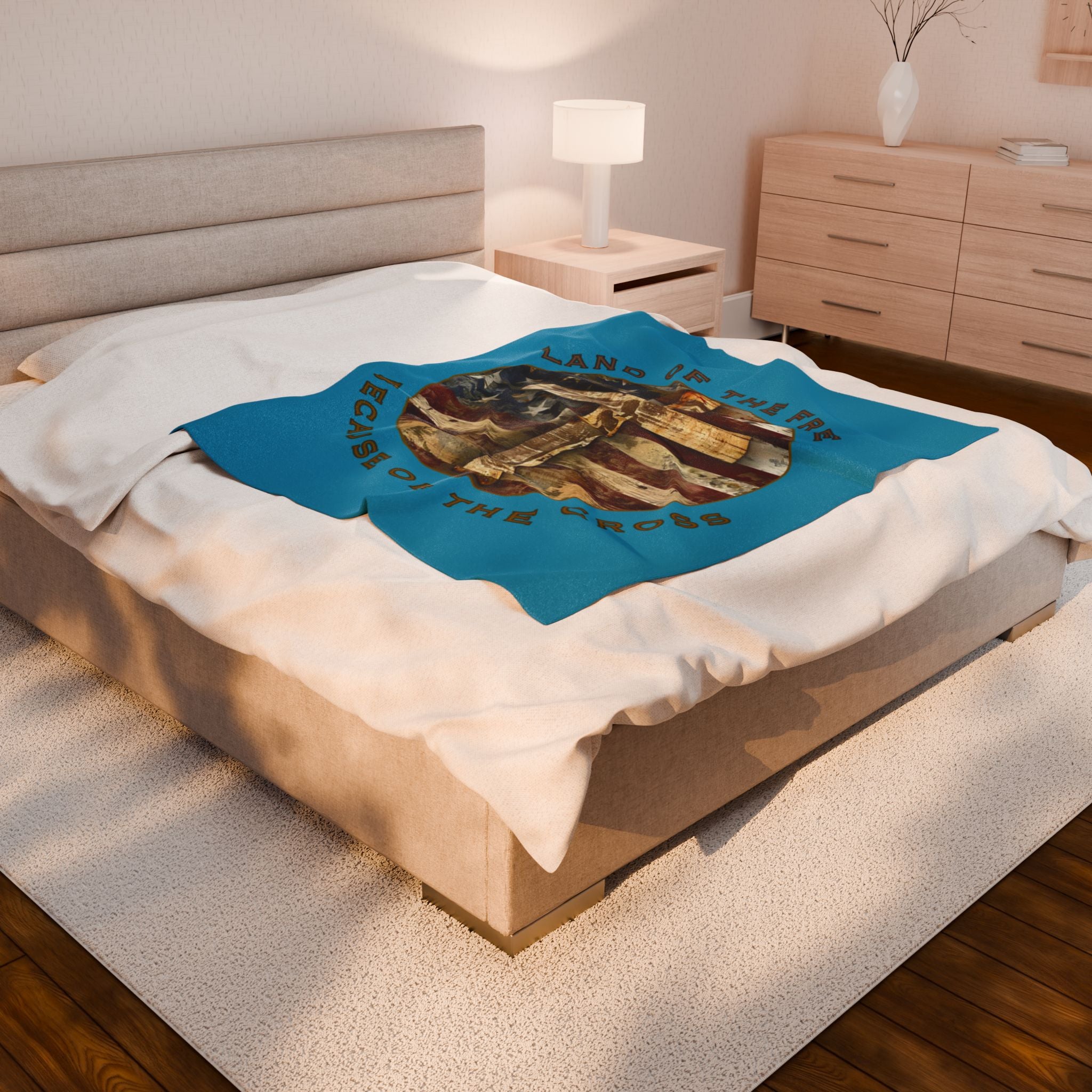 Land of the Free Because of the Cross | Christian Patriotic Velveteen Blanket