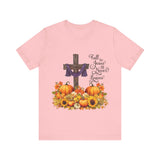 Fall for Jesus — He Never Leaves | Unisex Jersey Christian Autumn T-Shirt