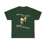 Santa Knows Who’s Naughty, Jesus Forgives Anyway – Heavy Cotton Unisex Christian T-Shirt, Funny Christmas Faith Tee