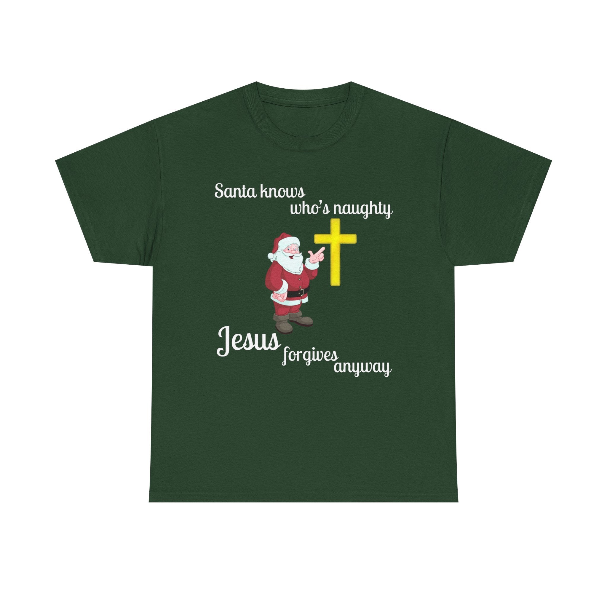 Santa Knows Who’s Naughty, Jesus Forgives Anyway – Heavy Cotton Unisex Christian T-Shirt, Funny Christmas Faith Tee
