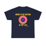 Front: “Christ Is the Captain of My Life Christian shirt — superhero shield emblem with full Ephesians 6:11 Scripture circling design, bold faith tee.”