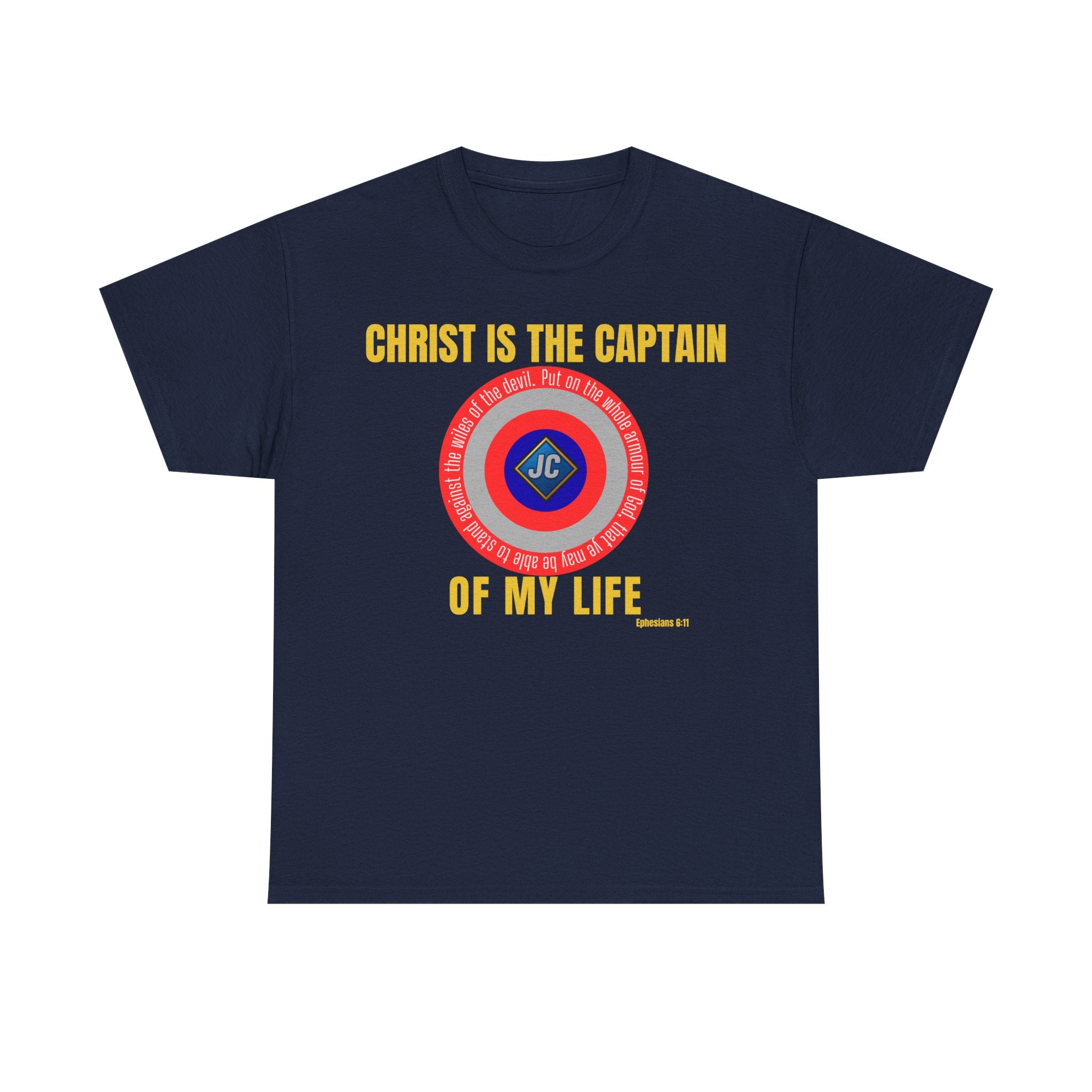 Front: “Christ Is the Captain of My Life Christian shirt — superhero shield emblem with full Ephesians 6:11 Scripture circling design, bold faith tee.”