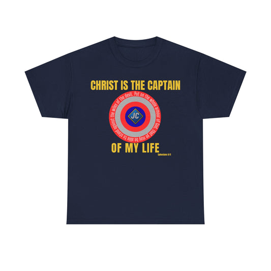 Front: “Christ Is the Captain of My Life Christian shirt — superhero shield emblem with full Ephesians 6:11 Scripture circling design, bold faith tee.”