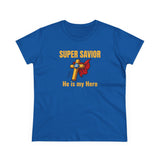 front Women’s Super Savior Christian t-shirt in royal blue featuring gold “SUPER SAVIOR” text and superhero cross cape graphic with “He is my Hero”